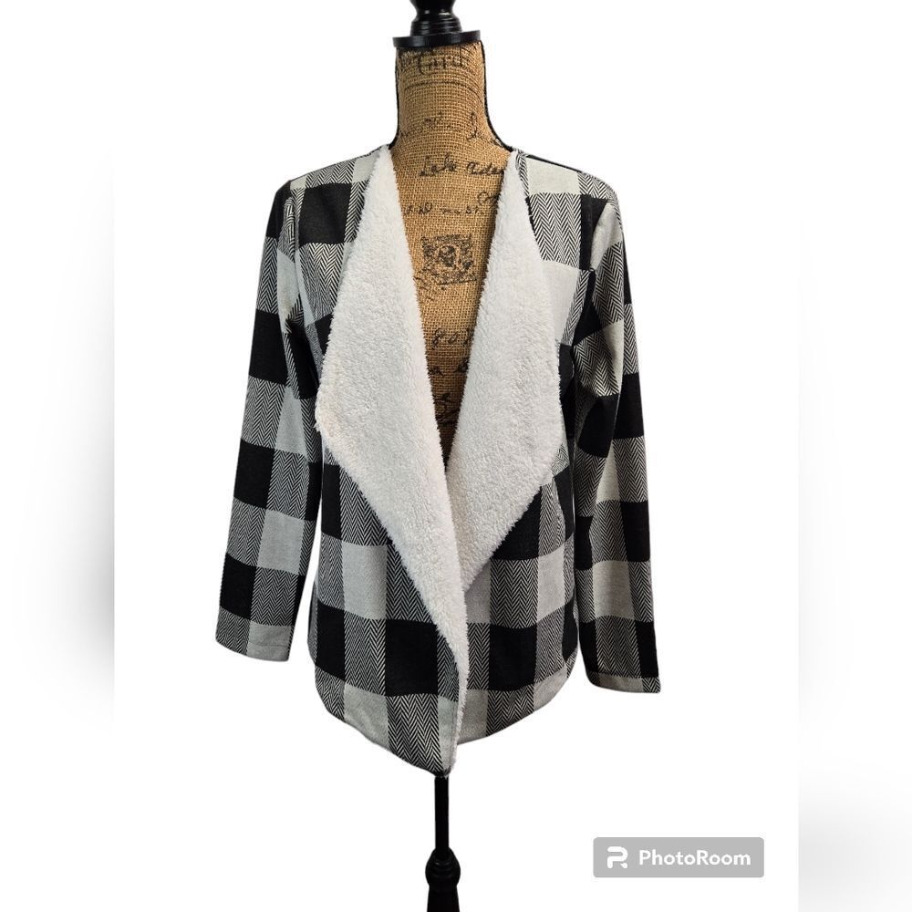 Peace & Pearls Plaid Print Fleece Lined Cardigan Sweater Sz L
